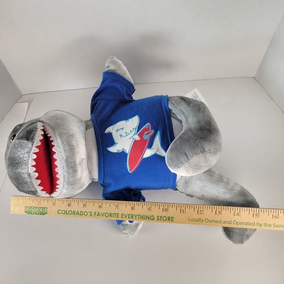 Build A Bear Shark Plush Stuffed Animal 16 Inch With Blue Surfboard Shirt 2018 - Picture 10 of 13
